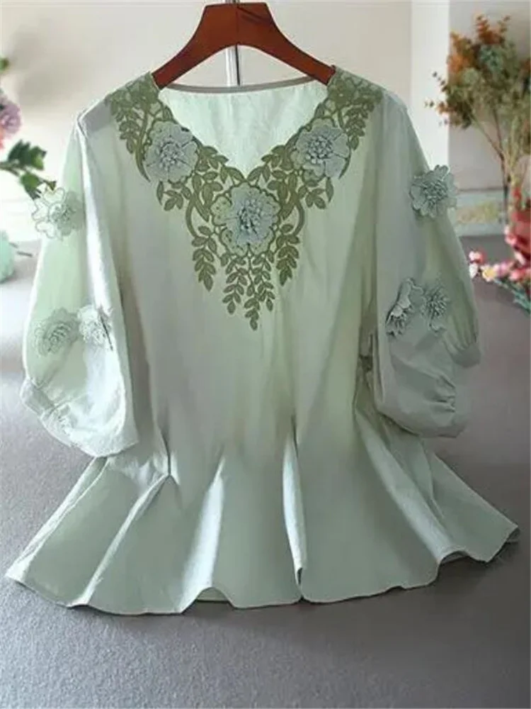 

Retro Embroidery Half Sleeve Blouses Women Shirt Stereoscopic Flower V--neck Literature Art Female Pullover Lantern Sleeve Top