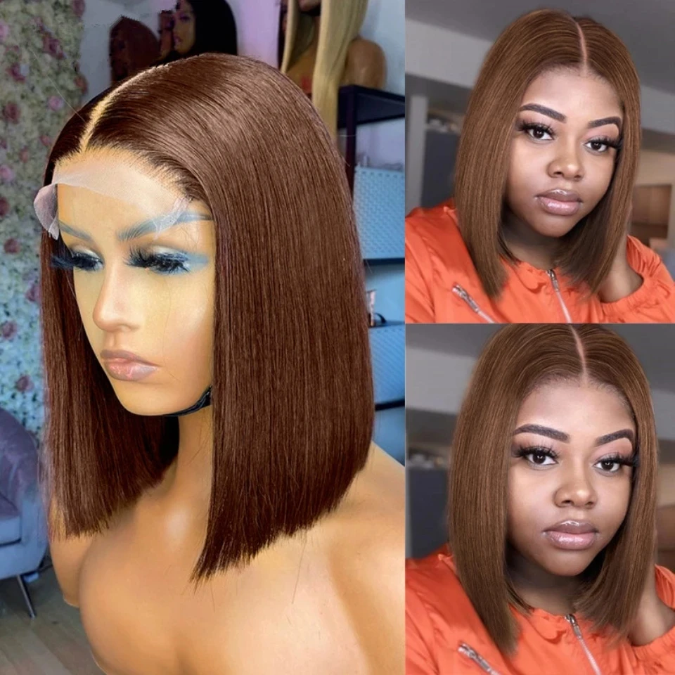 

Chocolate Brown Color Short Bob Glueless Silky Straight 100% Human Hair Wigs with Baby Hair 180Density 10Inches 360 Lace Wigs