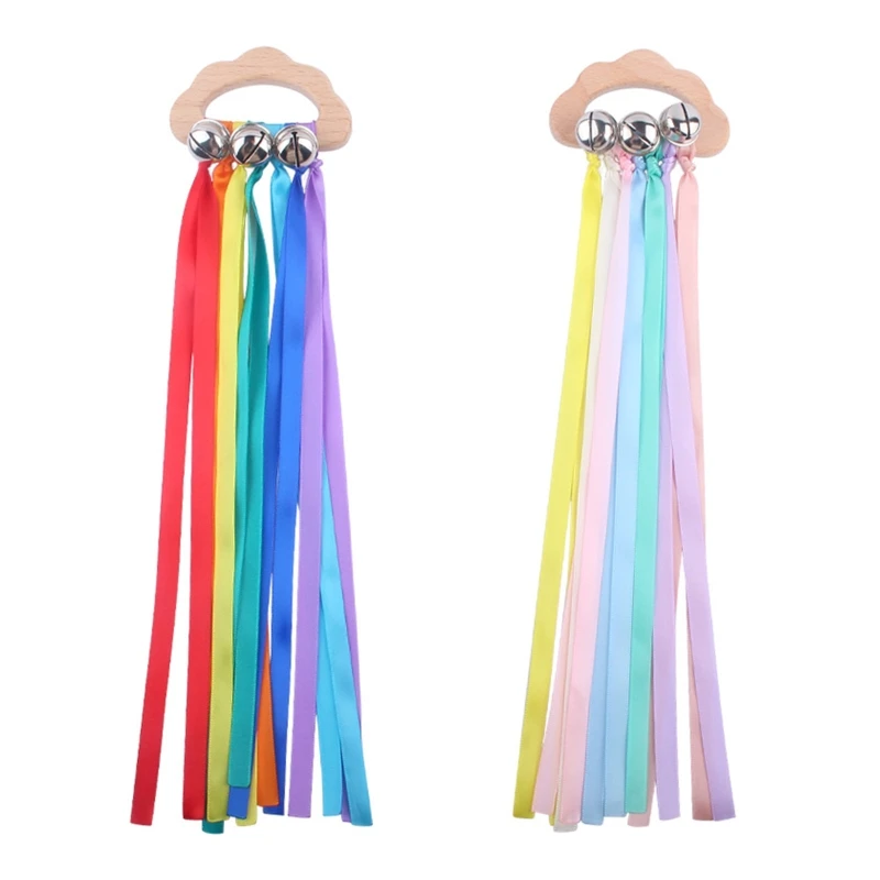 

Радужная лента, деревянное облакообразное кольцо для прорезывания зубов, детский Прорезыватель с колокольчиками, погремушка, браслет для п...