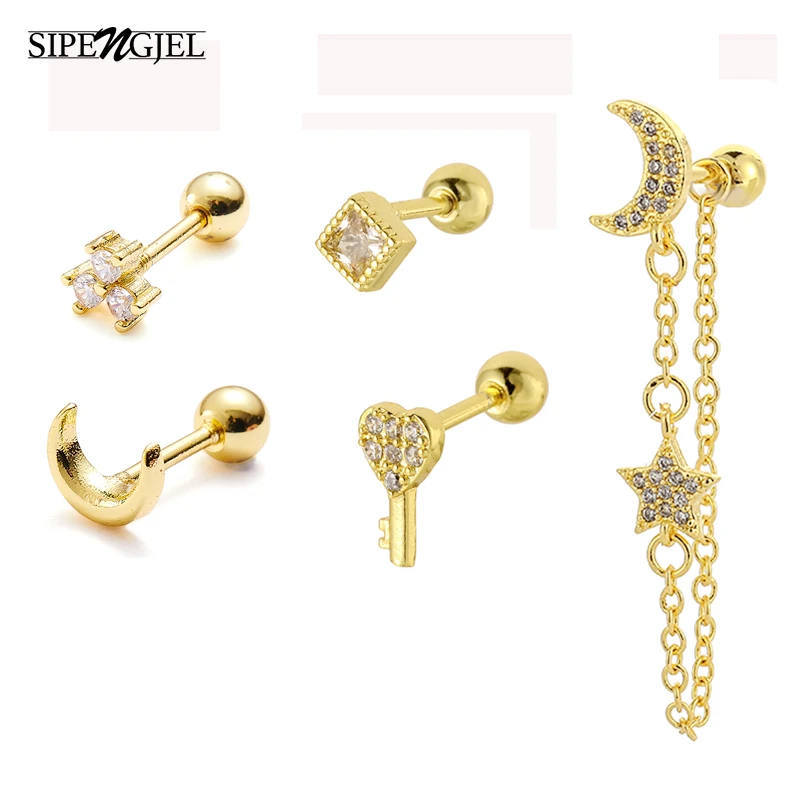 

6 Pcs Stianless Steel Star Moon Stud Cartilage Earrigns for Women Ear Piercing Earrings Ear Studs Jewelry Gift