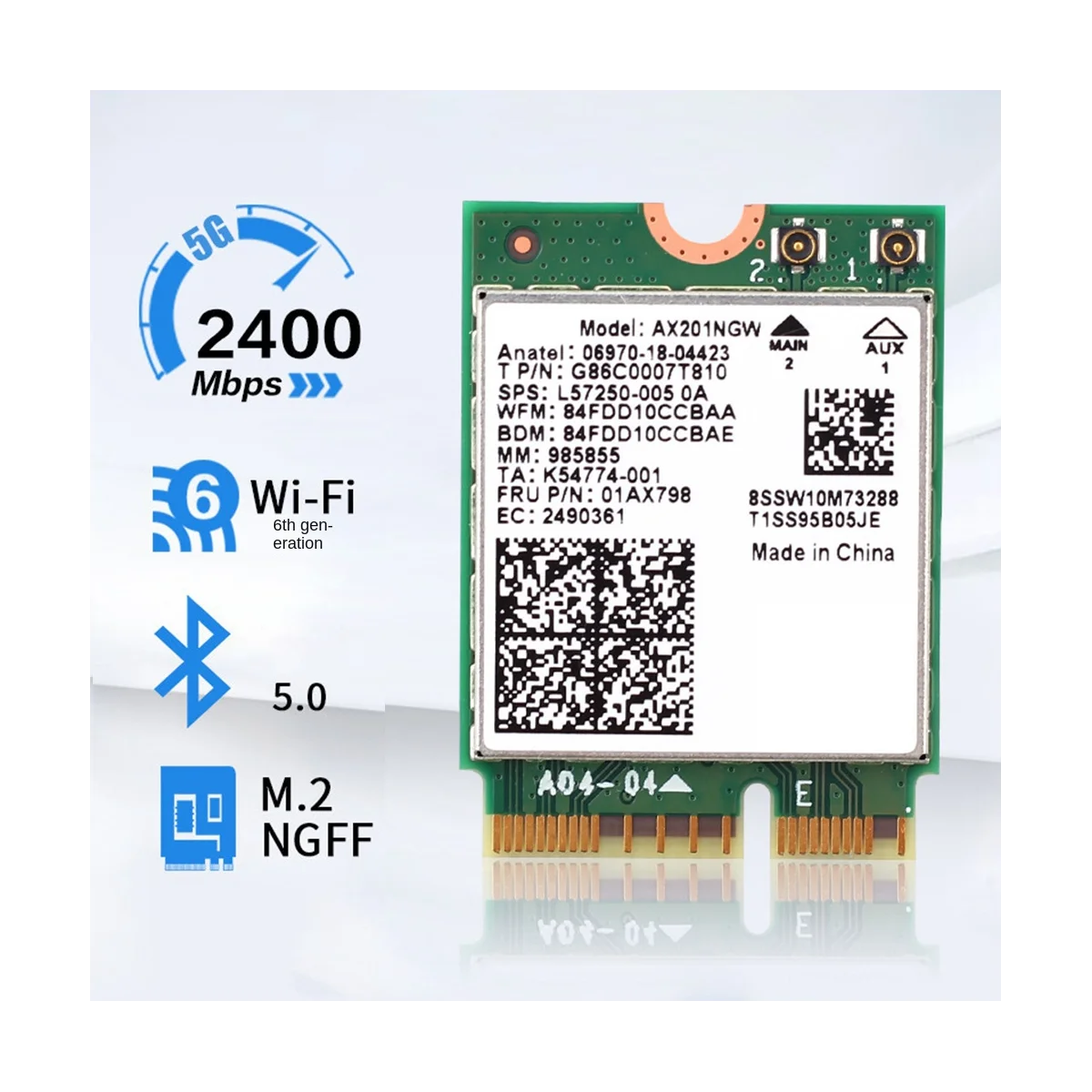 

WiFi 6 AX201 Bluetooth 5.0 Dual Band 2.4G/5G Wireless NGFF Button Wifi Network Card AX201NGW 2.4Ghz / 5Ghz 802.11Ac/ Ax