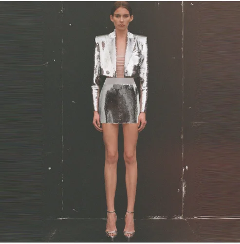 STREET Newest HIGH 2023 Stylish Designer Suit Set Women's Silver Glitter Sequined Crop Short Jacket Skirt Sui