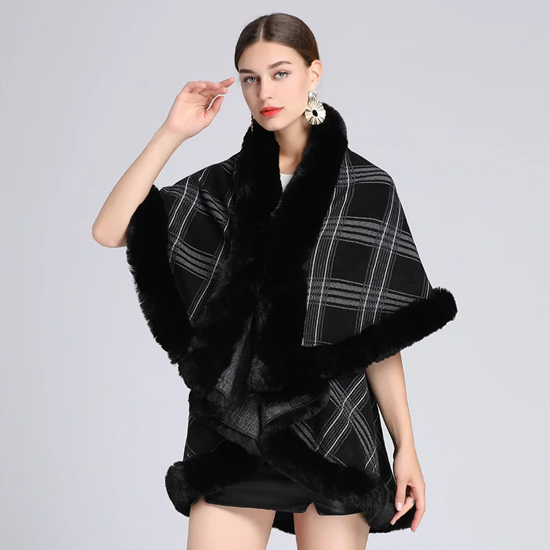 

#1212 Plaid Knitted Cape Coat Women Warm Batwing Sleeve Cardigan Kimono Asymmetrical Ponchos And Capes Ladies Loose Outerwear