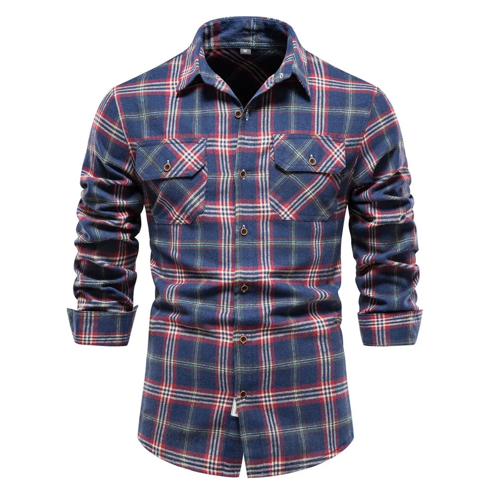 Double Pocket Flannel Men Plaid Shirts Long Sleeve Social Business Shirts for Men Autumn Fashion Checkered Shirts Men MCL367