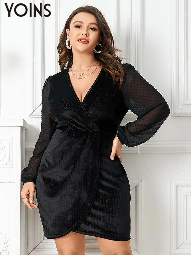 

YOINS Plus Size 4XL Women Elegant Evening Dress 2023 Dot Sexy V Neck Patchwork Mini Vestidos Black Wrap Long Sleeve Party Robe