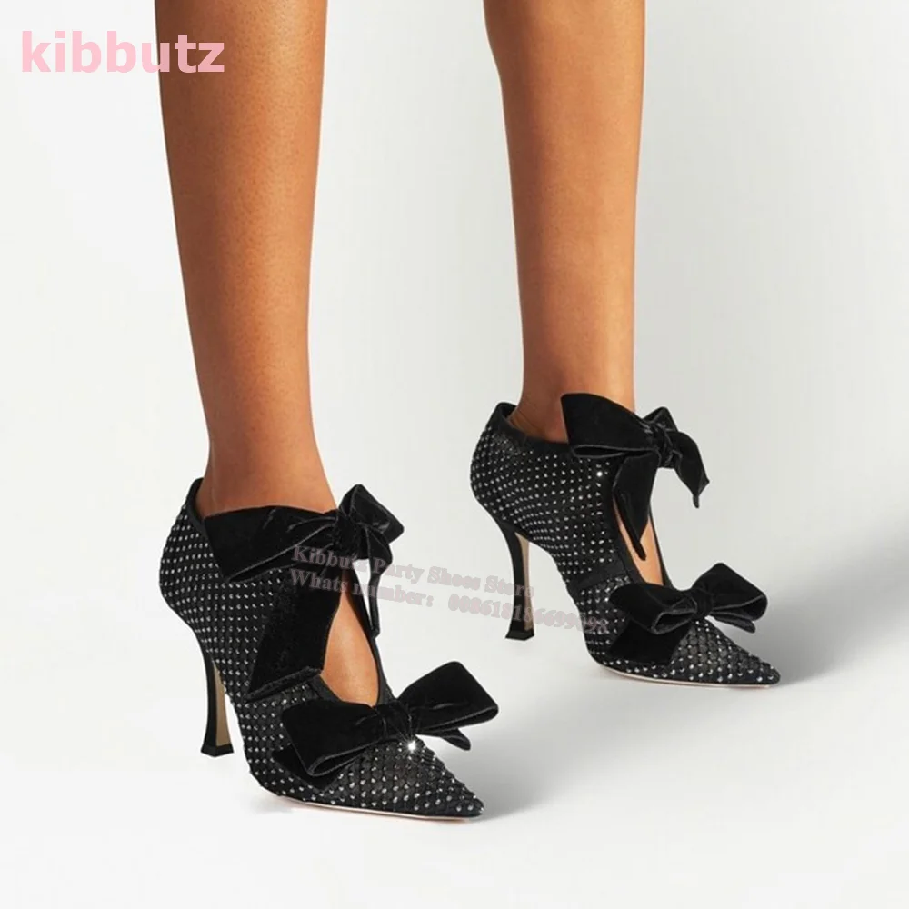 

Mesh Butterfly Knot Pointed Toe Thin Heel Pumps Slip-On Solid Black Suede Fashion Elegant Sexy Women Sandal Shoes 2023 Newest