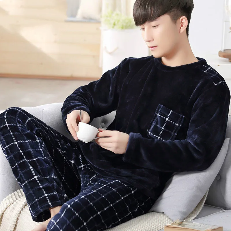 Winter Warm Flannel Pajamas Sets Male Men Nightwear Plus Size Sleepwear Long Pant Winter Warm Pijamas Trouser Suits