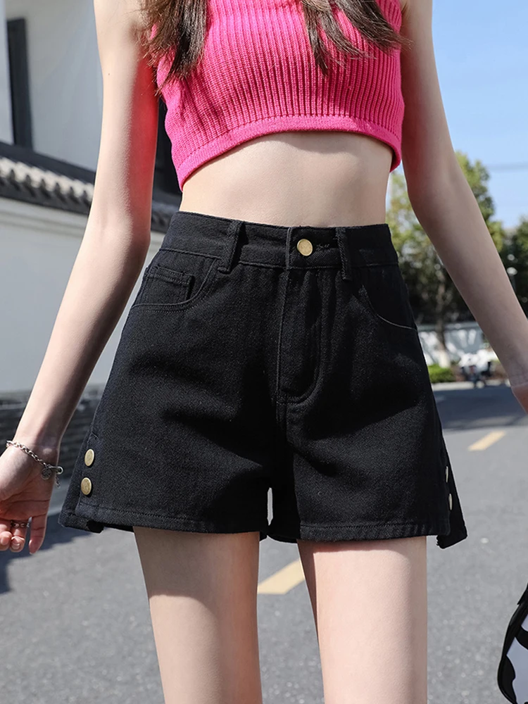 New Spring Summer Women High Waist Wide Leg Denim Shorts Streetwear Female Button Loose Jeans Shorts Bottoms