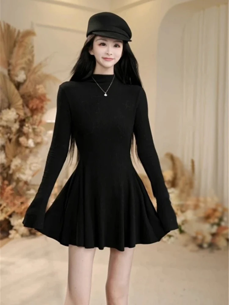 Black Knitted dress Women's Autumn and Winter 2024 New Wear Coat Inner wear Bottoming Tight Waist Dress