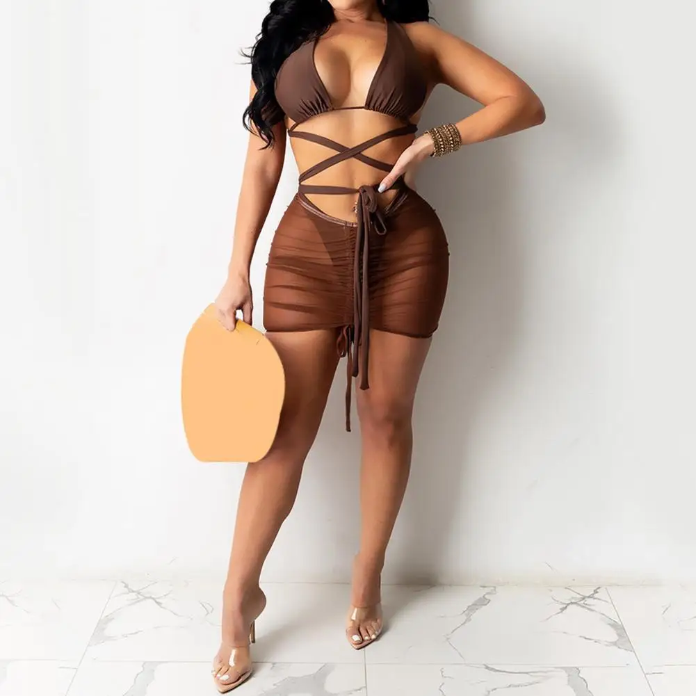 

bikinis 2022 mujer 3 Pieces Mesh Skirt Swimsuit Halter Micro Bikini High Waist Swimwear Sexy Bathing Suit Biquini بيكينيات