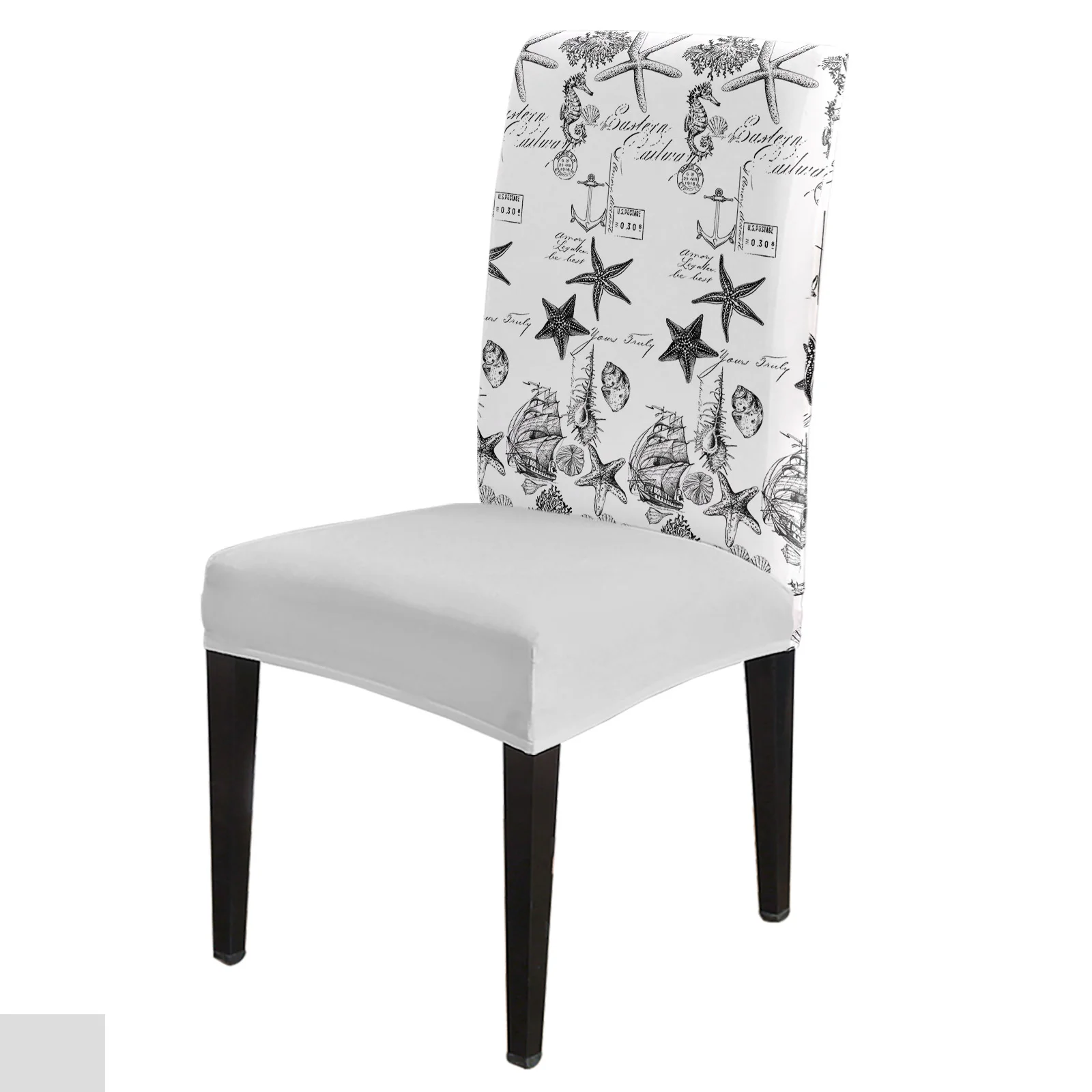

Black Ocean Starfish Shell Coral Vessel Texture Stretch Chair Cover Kitchen Dinning Chair Seat Cover Christmas Chair Covers