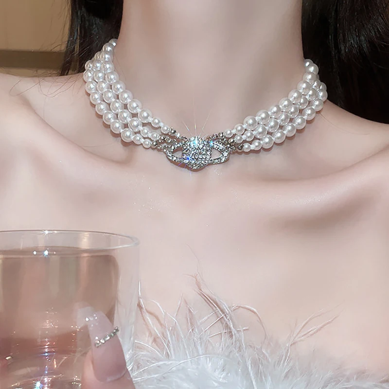 

Модное многослойное жемчужное ожерелье-чокер с кристаллами в виде планеты, цепочка до ключиц в стиле барокко, ювелирные изделия на свадьбу, день рождения, годовщину