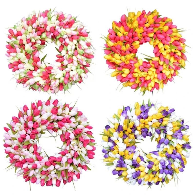

Artificial Tulip Wreath Simulation Wedding Decoration Wall Hanging Garland for Easter Springtime Party Front Door Decor