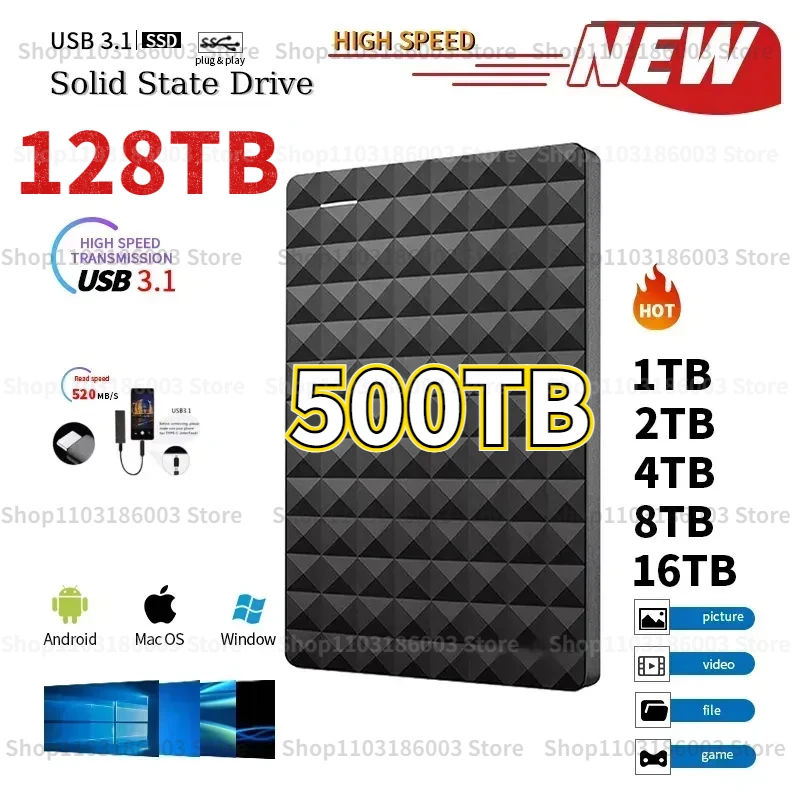 

External Hard Drive Portable SSD 256TB 16TB 2TB Storage High-Speed External Solid State Drive USB 3.1 Type-C for PC/Mac/PS5/PS4