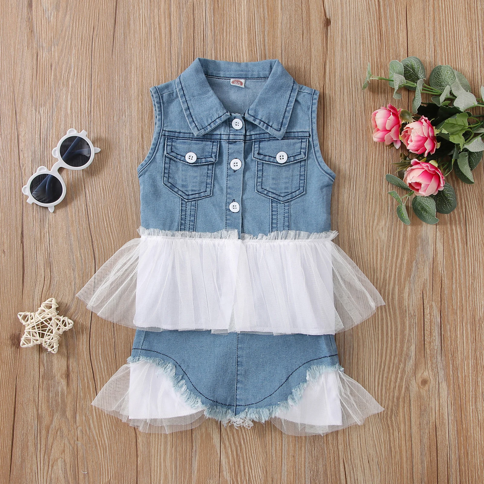 

CETEPY 2022, летний модный комплект для маленьких девочек, джинсовый топ без рукавов с лацканами и кружевная джинсовая юбка, 2 предмета