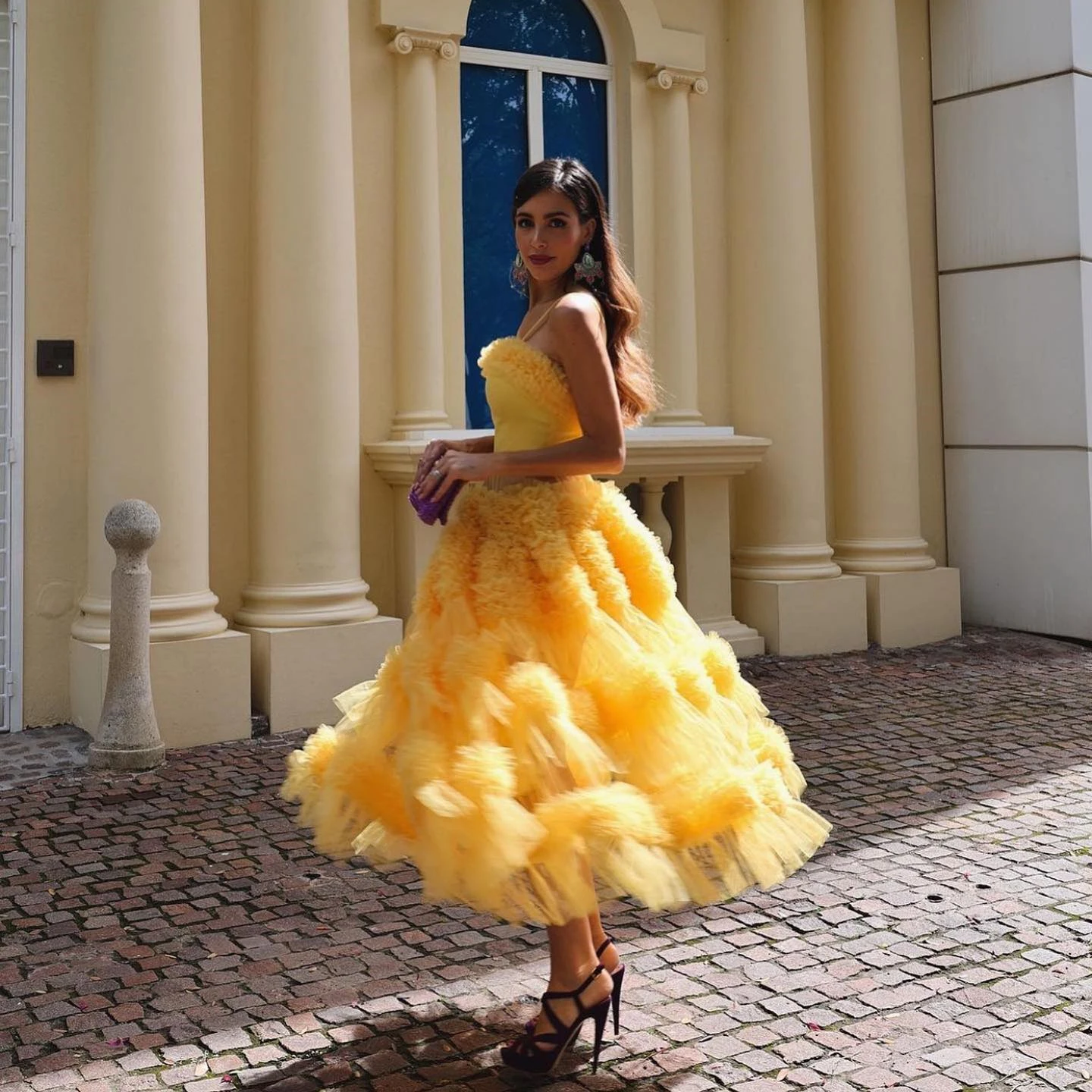 Yellow Fashion Pretty Elegant Women Dress Spaghetti Strap Tulle Ruffles Ball Gown Summer Casual Evening Prom Dress Custom Made