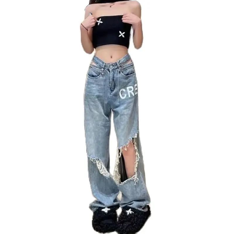 

Уличные джинсы в американском стиле ретро женские свободные прямые брюки с широкими штанинами на весну и осень