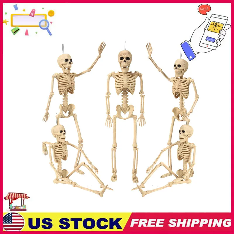 

New 18" Posable 5 Pack Halloween Skeleton Decorations,Human Bones with Movable Joints,for Haunted Houses, Front Lawn US