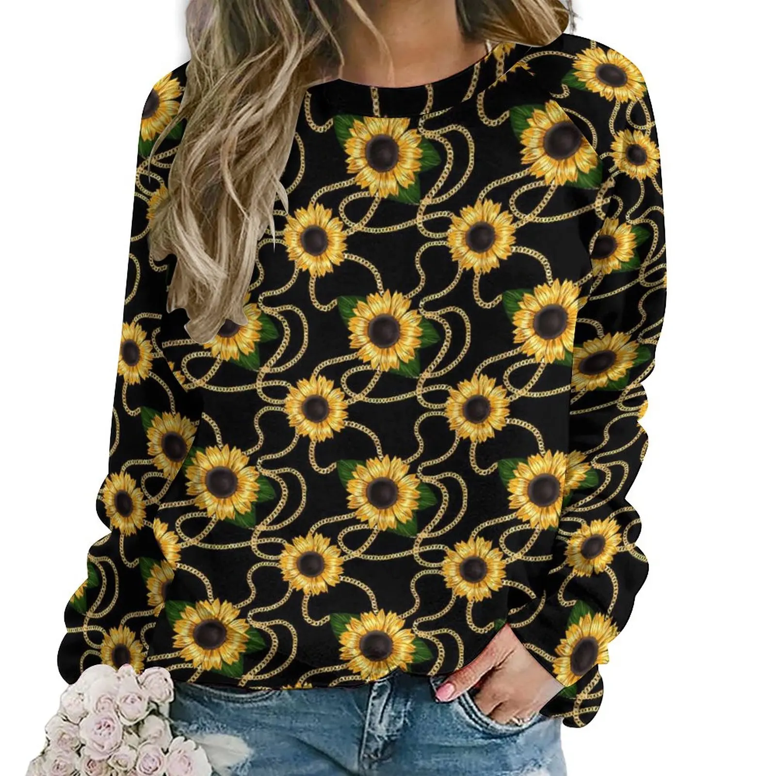 

Gold Chain Print Hoodies Lady Sunflowers Stylish Classic Casual Hoodie Long Sleeve Modern Pattern Top Large Size 2XL 3XL