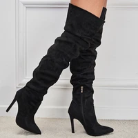 pointed toe super stiletto heel flock material winter warm over knee boots side zipper plush lining slip on womens long boots
