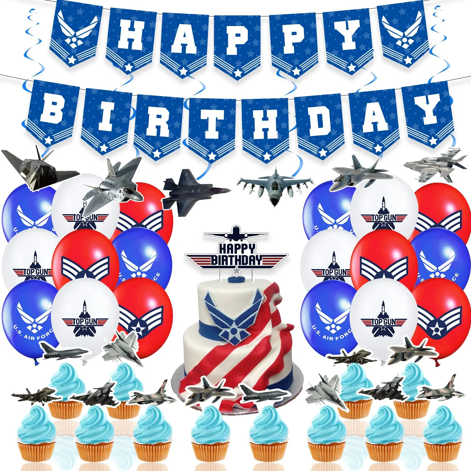 

Cheereveal U.S. Air Force Themed Birthday Party Decorations Supplies Fighter Aircraft Balloons Banner Cake Topper Hanging Swirl