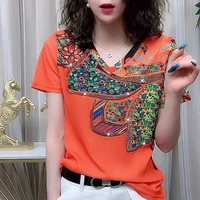 european station 2022 summer new fashion printed v neck short sleeve t shirt small shirt loose all match trendy bottoming tops