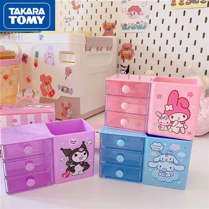 

TAKARA TOMY cute cartoon Hello Kitty desktop pen holder drawer organizer box student jewelry cabinet savings box
