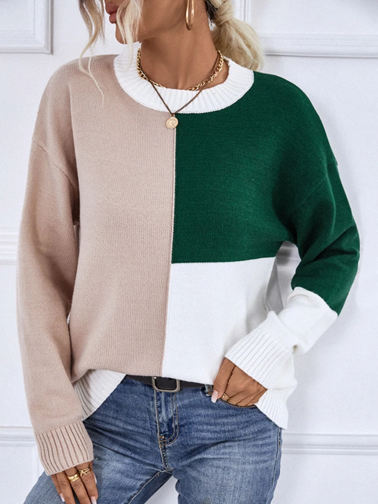 

UCAK Fashion Color Contrast Round Neck Sweater Women Autumn Winter New Casual Pullover Female Long Sleeve Top Loose Jersey U1039