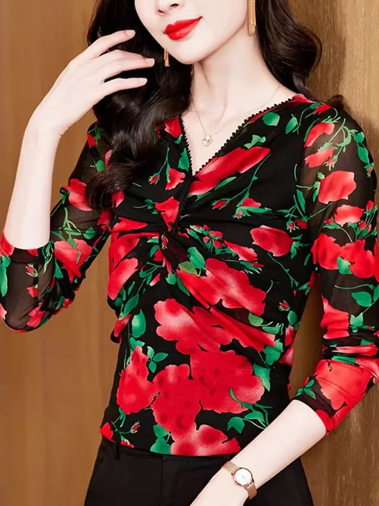 Женская футболка с длинным рукавом и V-образным вырезом