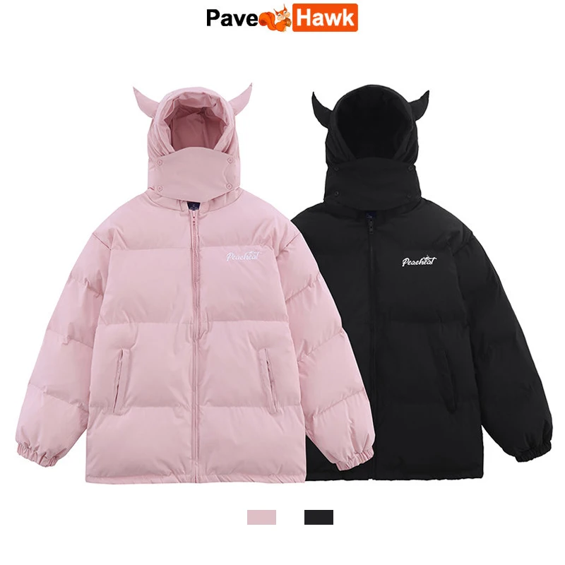 Hooded Parkas Men Winter Devil's Horn Solid Color Padded Jacket Women Loose Hip Hop Harajuku Puffer Bubble Outwear Coats 2022