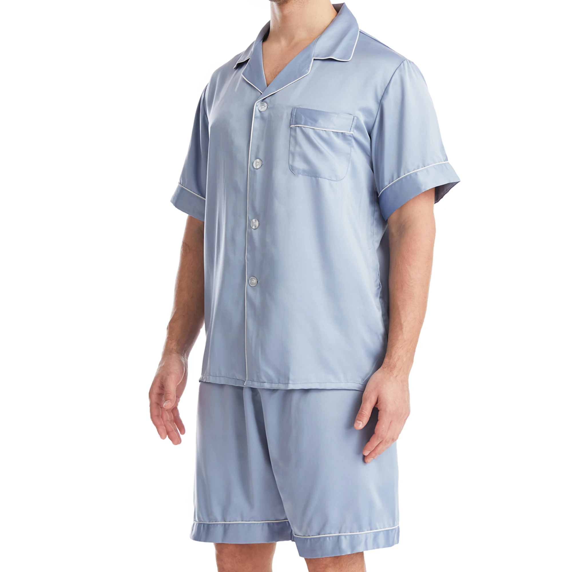 Men Silk Satin Pajamas Pyjamas Set Sleepwear Set Loungewear Short Sleeve Button T-Shirt Tops with Elastic Waistband Boxer Shorts
