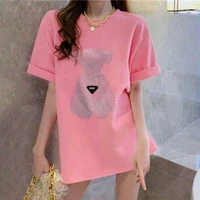 pink short sleeve t shirt female network red 2022 new loose medium long clothes disappear t shirt bear hot drill instagram tide