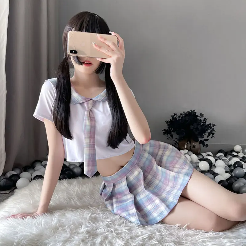 

Hot Sexy Lingerie Sweet Lattice Skirt Tops Hollow Exotic Dresses Student JK Uniform Temptation Full Set For Women Costume Gifts
