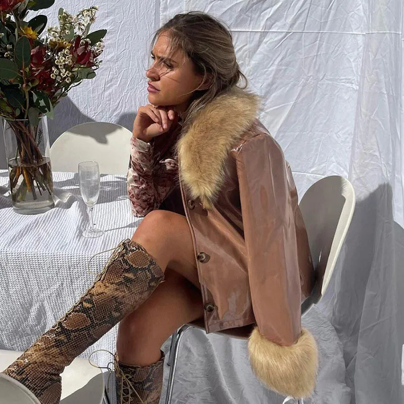 Faux Fur Coat 2022 New Long Sleeve Fur Collar Women's Jacket Fashion Single Breasted Slim Fit Leather Autumn Winter Coat