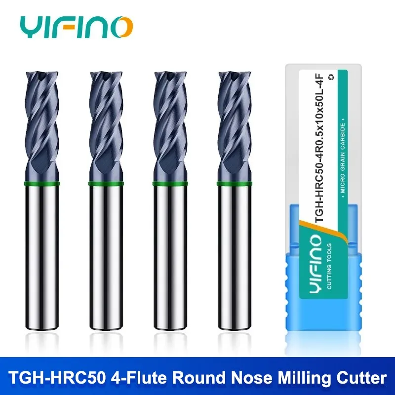 

YIFINO TGH-HRC50 Green Ring 4-Flute Tungsten Steel Carbide Round Nose Milling Cutter CNC Mechanical Machin Special End Mill Tool