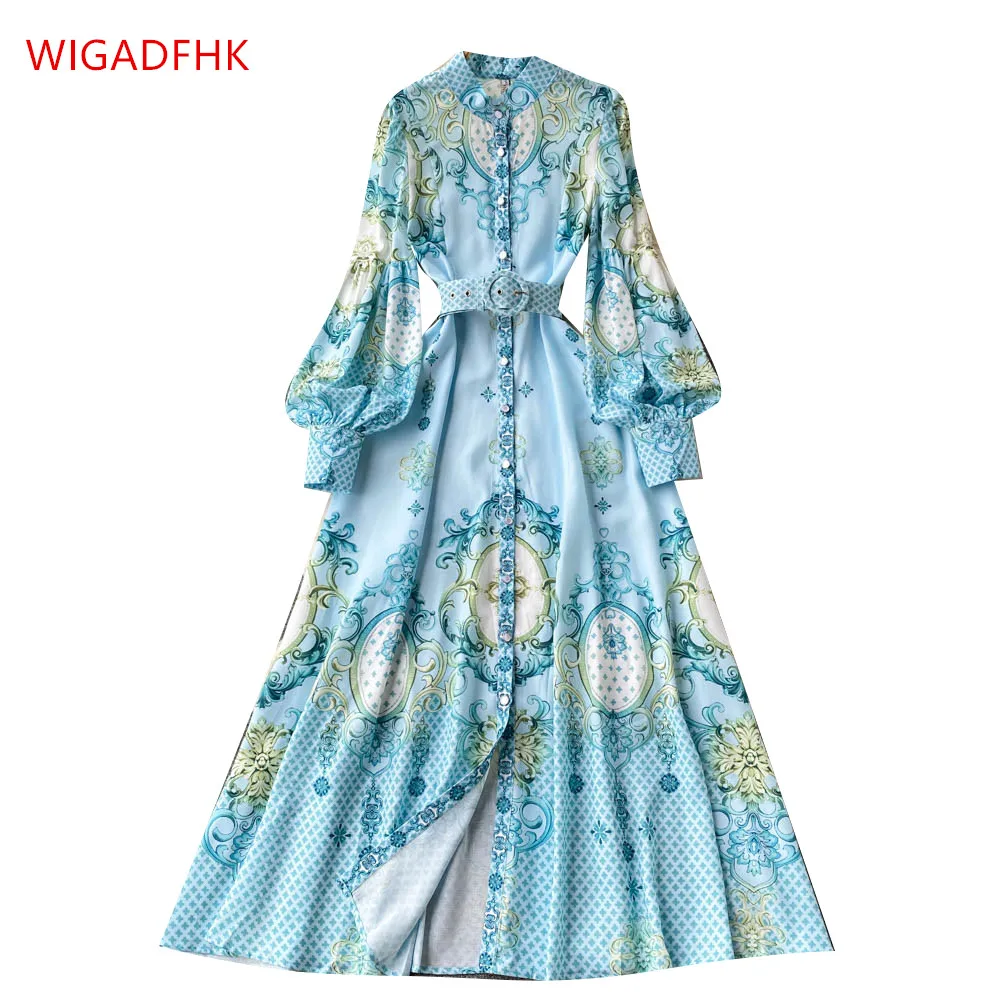 

WIGADFHK Spring/Summer Fashion Runway Elegant Chiffon Dress Women's Single Breasted Vintage Print Boho Holiday Party Long Dress