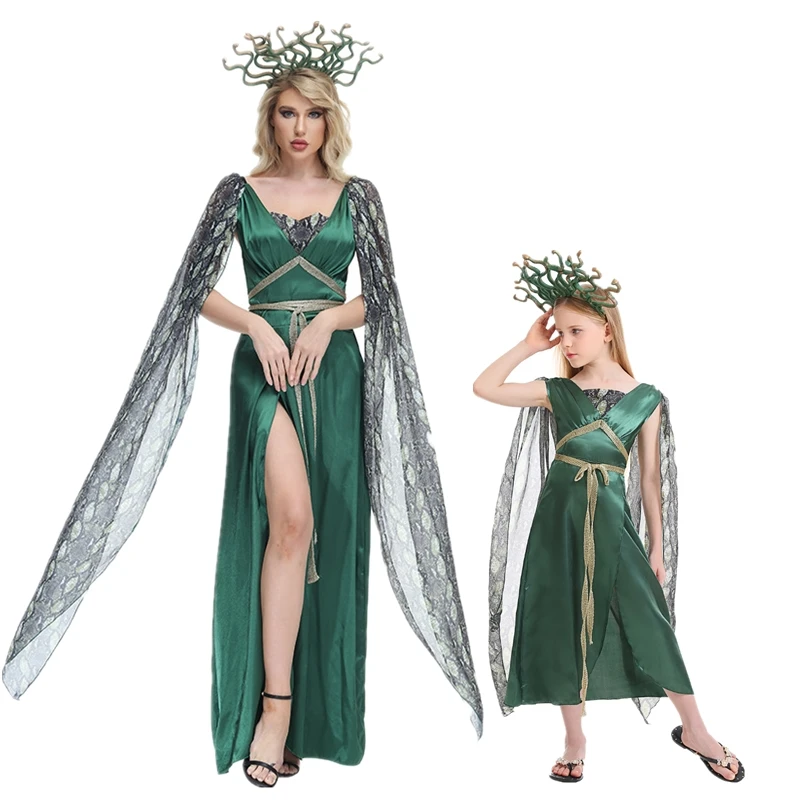 

Gorgon Medusa Costume for Women Adult Greek Myth Snake Hydra Head Band Green Long Dress
