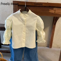 freely move 2022 autumn baby girls puff sleeve o neck blouses solid color children tops korean style kids pleated ruffle shirts