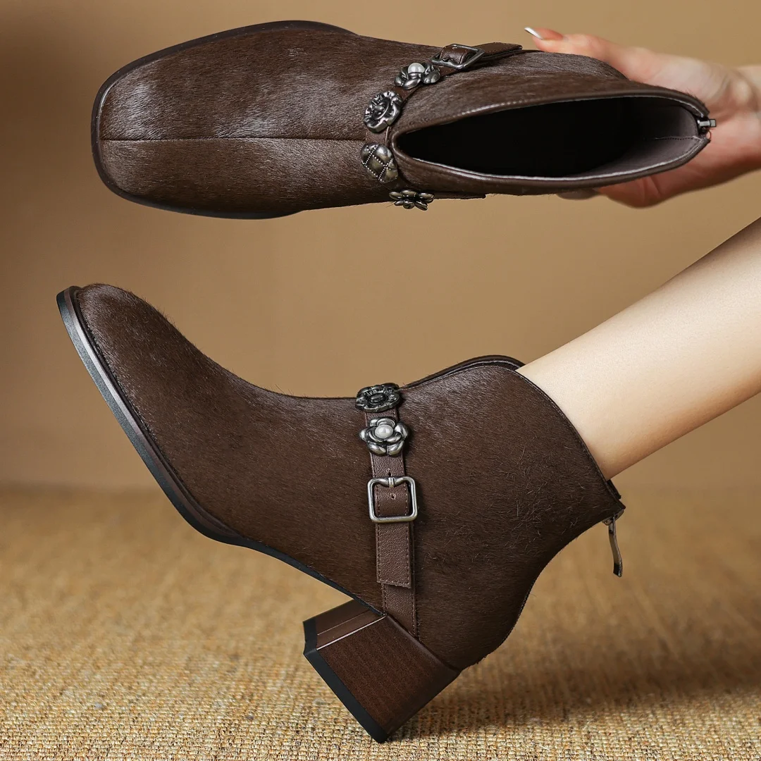 Женские осенние ботильоны из конского волоса с металлической пряжкой и молнией