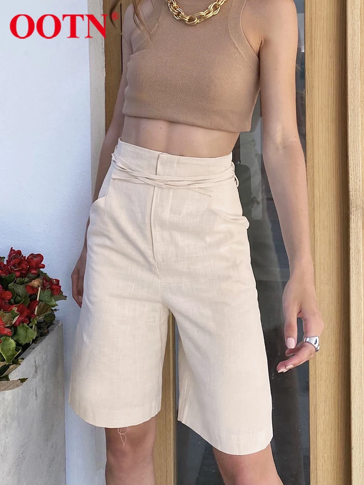 

Женские прямые шорты OOTN, бежевые, с высокой талией, хлопковые, льняные, летние, уличные, простые шорты, шикарные, на шнуровке, тонкие, женские ...
