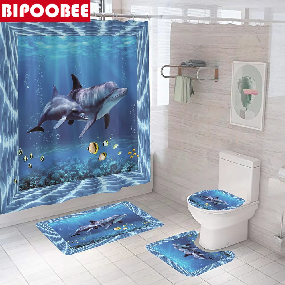 

Marine Dolphin Underwater Creatures Shower Curtain 3d Ocean Scenery Bathroom Curtains Bath Mat Non-slip Carpet Pedestal Rugs