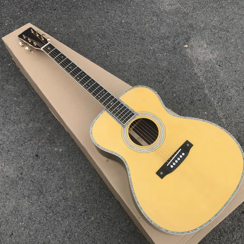 

Yellow Color Solid Spruce Acoustic Guitar,Abalone Ebony Fingerboard OM Type Rosewood Body Guitarra ,Free Shipping
