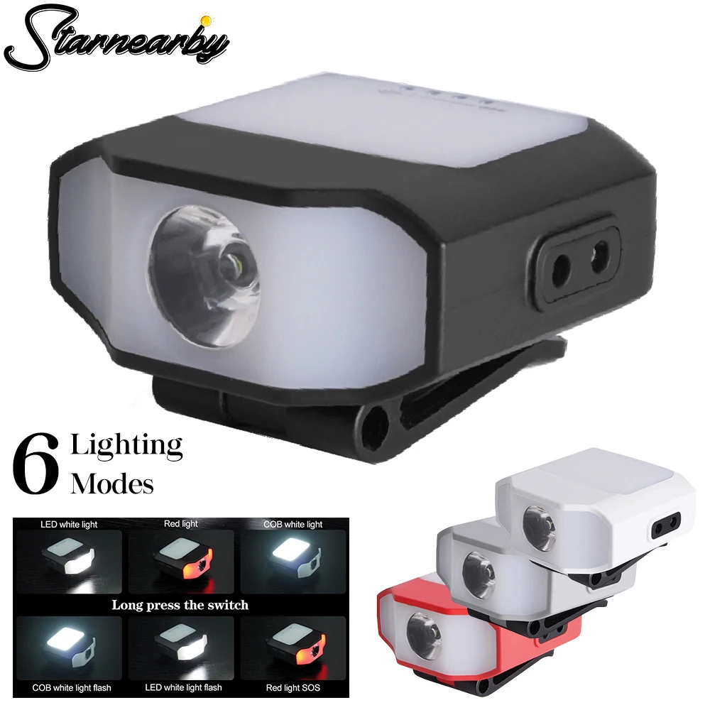 

LED Cap Clip on Light 6 Modes COB LED Headlamp USB Rechargable Head Lamp Outdoor Emergency Woking Light For Fishing Camping