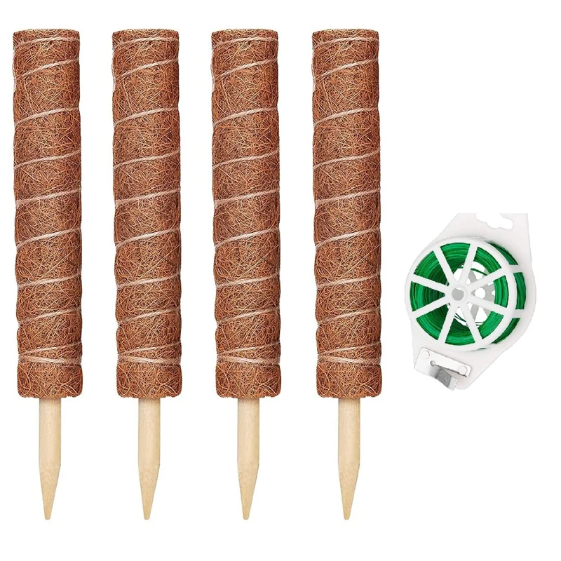 

Moss Poles For Climbing Plant Coir Moss Totem Extension Pole Stick For Plant Support With 20M Garden Twist Tie, 4 Pack