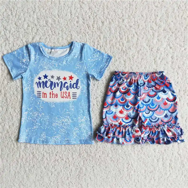 

Детские летние комплекты одежды RTS для девочек, модная повседневная Летняя одежда с синими рукавами, Изысканная одежда, комплекты с шортами в виде рыбьей чешуи, 2022