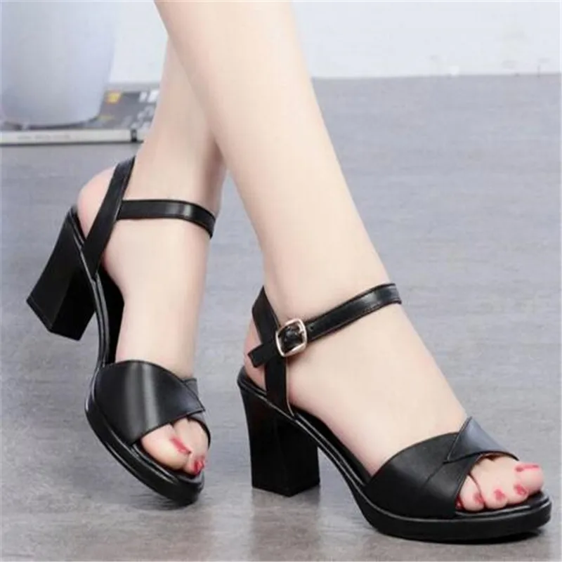 

Women Fashion Black Comfort Summer Hollow Open Toe Square Heel Shoes Lady Spring Buckle Strap Open Toe Heels