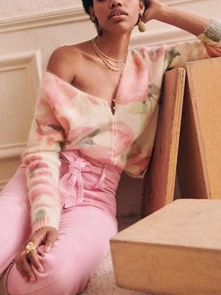 

Women Cardigan Floral Printed V-Neck Long Sleeve Single Breasted Vintage Mohair Knitted Sweater