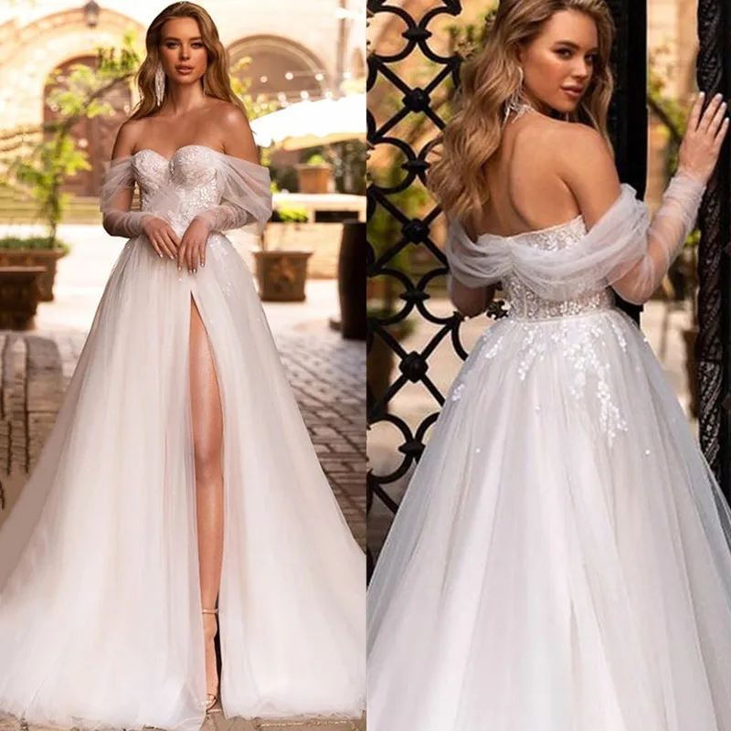 

One-shoulder Light Wedding Dress Sen Department 2022 New Bride Simple Split Shiny Travel Shoot Small Trailing Soft Yarn Thin