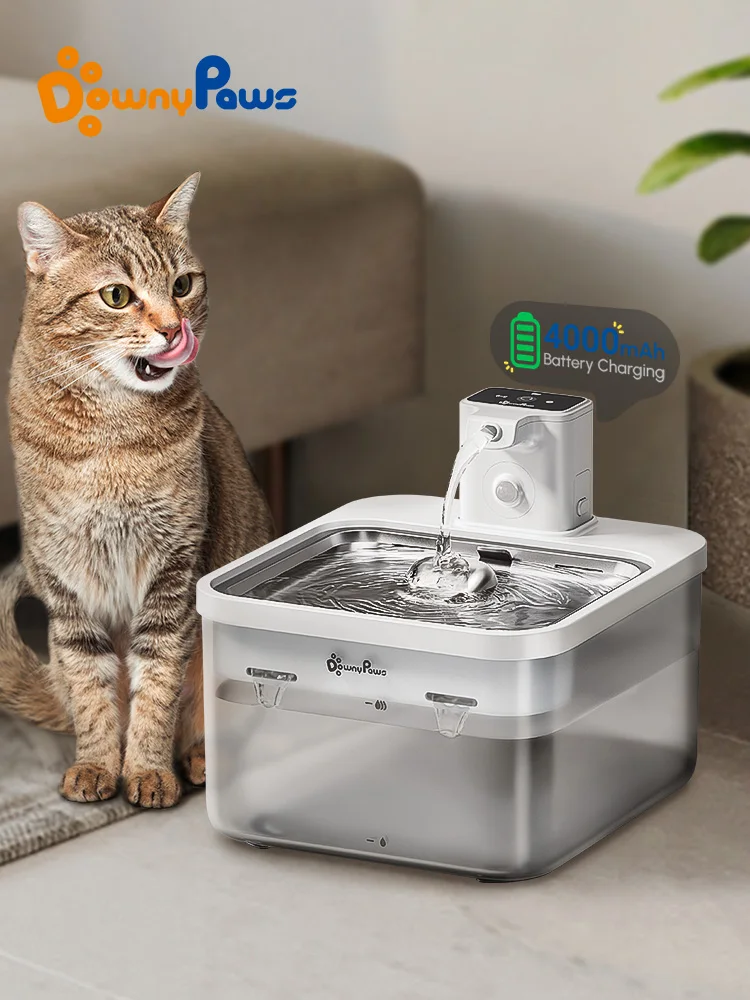   DownyPaws 자동 스테인리스 스틸 고양이 물 분수, 무선 애완 동물 술꾼 배터리 및 센서, 2 인 1 디펜서, 2.5L, 4000mAh 