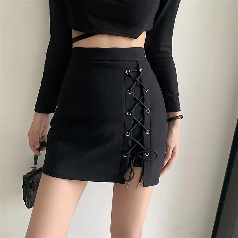 

Black Cross Strap Irregular Skirt Spring and Summer New Trendy Bag Hip High Waist A-line Skirt
